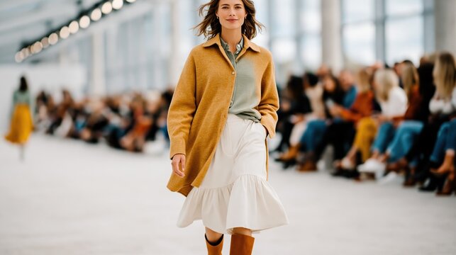 A stylish model strides confidently down the runway, embodying the essence of contemporary fashion, elegance, and artistry amidst a captivated audience at a high-profile event.
