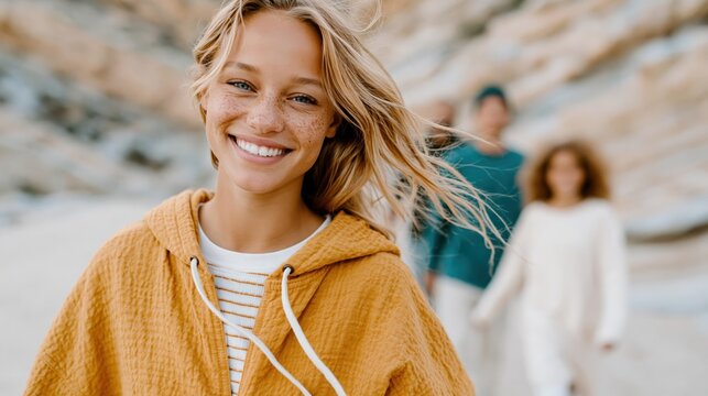A joyful young girl smiles brightly on a sandy beach, exuding happiness and warmth, while friends linger in the background, capturing a moment of carefree childhood joy.