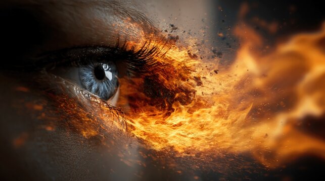 Close up blue human eye with fiery explosion effect and flying sparks, dramatic fantasy concept for power, energy, vision and creative advertising design.