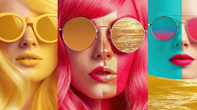 Colorful fashion portrait triptych of women in sunglasses with vibrant makeup and split color backgrounds, modern pop art style for creative advertising design.