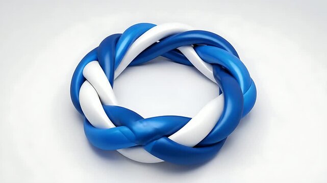 Abstract Blue and White Braided Circle Rotating on a White Background with Light Effects.