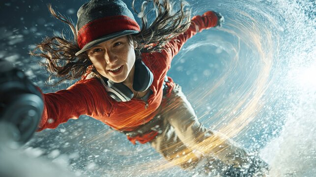 Dynamic close up of young snowboarder in red jacket carving through snow with motion blur and energy swirl effect in winter action scene.