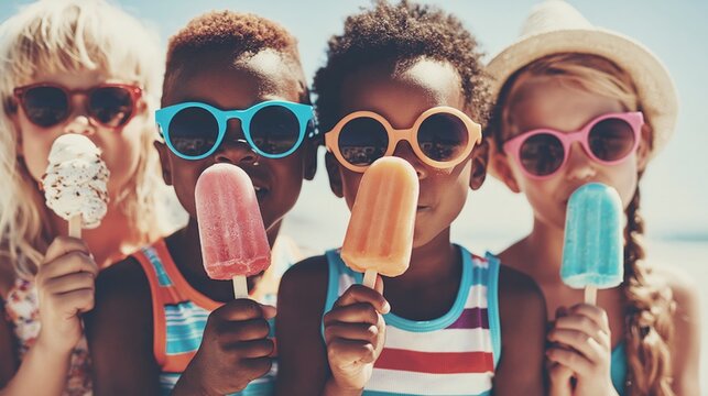 Happy kids in sunglasses enjoying colorful ice cream popsicles on a sunny summer day at the beach, fun childhood vacation concept.