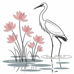 Obraz premium Heron standing in water with lotus flowers stylized illustration high quality