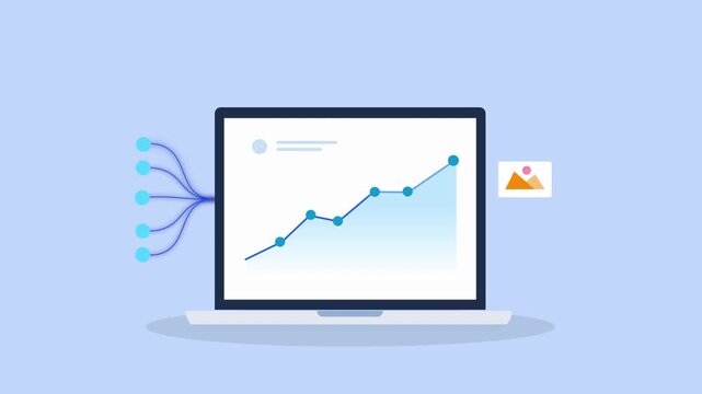 Minimal flat animation of a laptop displaying a rising chart with connected data nodes and UI elements, representing analytics, digital growth, and performance monitoring in a clean modern