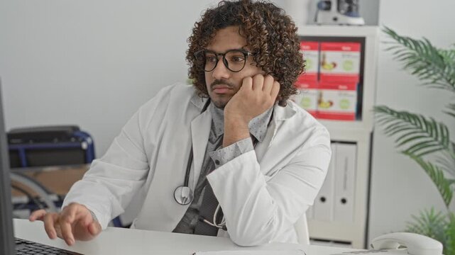 Man doctor with stethoscope at computer resting hand on cheek at desk in a building; fatigue overwork.