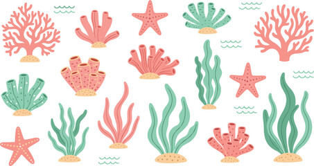 Coral and Starfish Illustration Set with Sea Plants and Ocean Elements for Underwater, Beach, and Ocean-Inspired Designs © Mahamuda Studio 