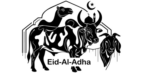 Obraz premium Eid al adha greeting icon with camel cow and goat