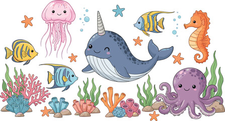 Underwater Animal Illustration Set with Narwhal, Jellyfish, Seahorse, Fish, and Coral for Ocean, Marine Life, and Kids’ Designs © Mahamuda Studio 