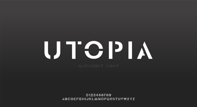 Utopia, Futurstic modern font alphabet. Minimal modern fonts and numbers. Typography typeface uppercase lowercase and number. vector illustration 
