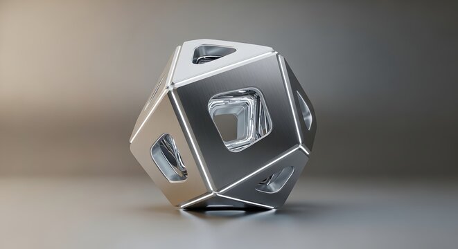 Futuristic silver geometric sculpture, metallic icosahedron object, abstract chrome 3D shape
