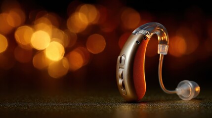 Obraz premium A close-up shot of a hearing aid on a dark surface, with soft bokeh background lights. The device is sleek and modern, designed for improved hearing