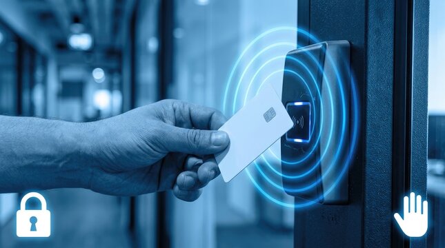 Person scans a security access card on a contactless reader in a modern office