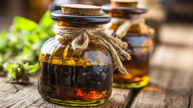 An old glass bottle of dark liquid with rustic rope sits on wood.