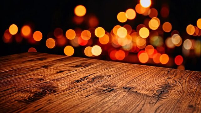 Wooden table with bokeh lights emphasizing modern aesthetics and minimalist design