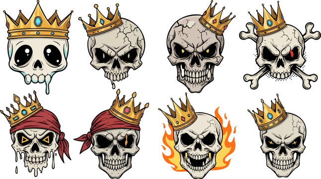 Cartoon skull king vector set, 8 gothic skeleton heads with gold crowns and bandanas, aggressive pirate skull illustrations for gaming and apparel