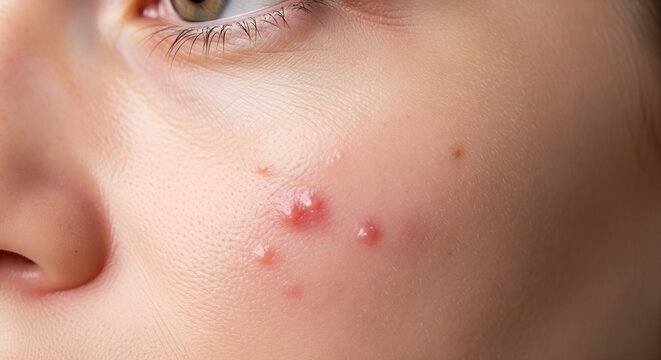Macro Close-up of Inflamed Skin Acne Pustules and Pimples on Young Per