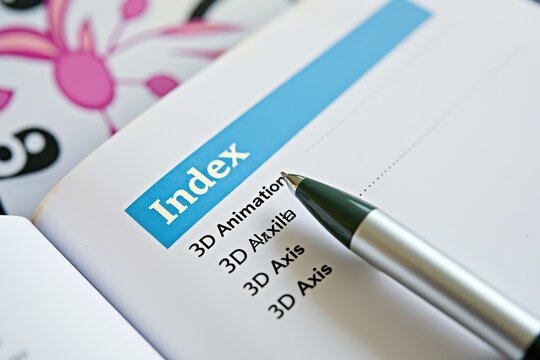 3D animation concept with index tab and pen on open document
