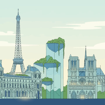 Parisian landmarks, Eiffel Tower, Notre Dame Cathedral, illustration, cityscape, travel icons