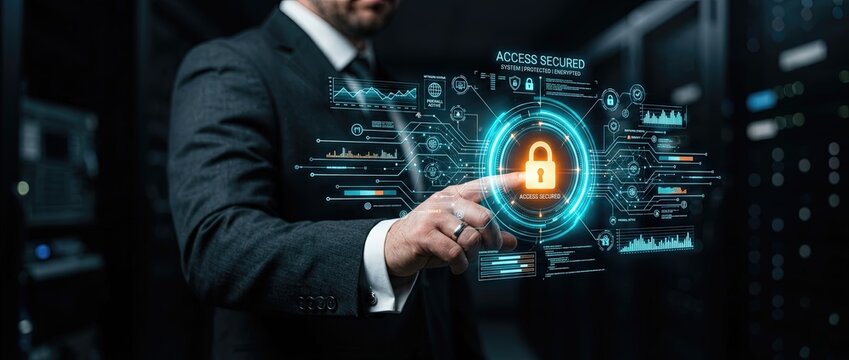 Cybersecurity action securing data through innovative technology solutions in a modern office environment with a focus on digital protection strategies