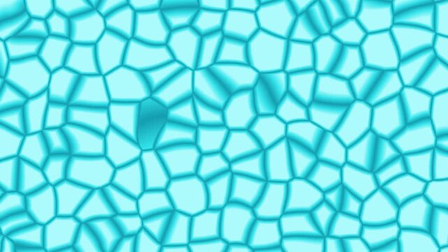 Abstract pattern of blue cells moves slowly across screen. Each cell has unique shape and size. Colors vary from light to dark blue