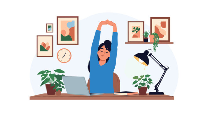 Tired female professional stretching her arms while sitting at a home office desk equipped with a laptop and various plants.
