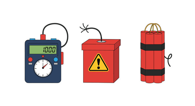 Collection of dangerous items including a digital timer, a red detonator box with a warning sign, and bundles of dynamite.