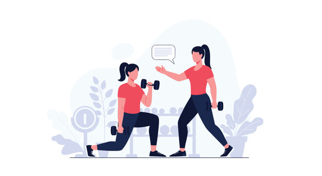Fit young woman performing lunges with dumbbells while being guided by a female personal trainer in a modern gym setting.