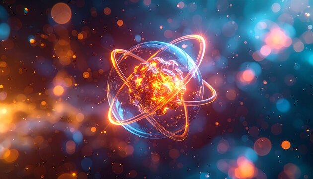 Atomic Structure Illustration with Vibrant Colors and Space Background.