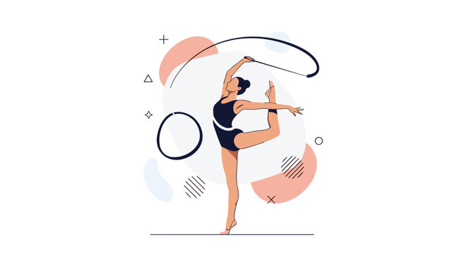 Graceful rhythmic gymnast in a black leotard performing a flexible move with a jump rope against abstract geometric shapes.