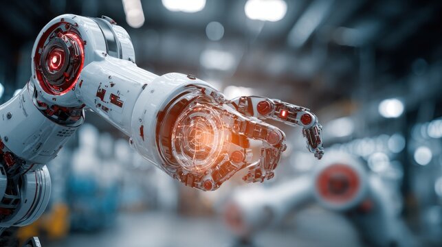 Advanced industrial robotic manipulator extends its articulated metallic hand within a production facility