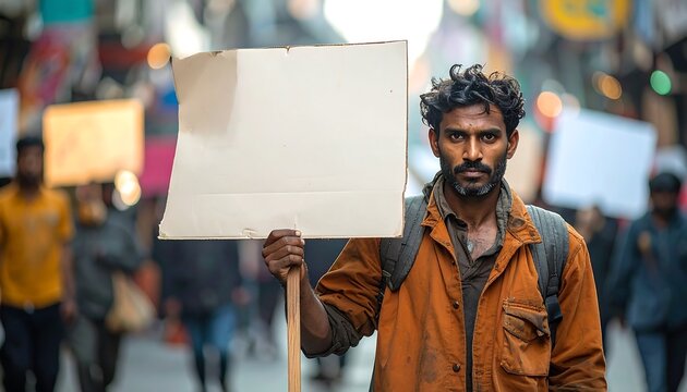 Man in a street crowd holding a blank sign, looking forward with a serious expression during a protest