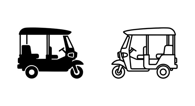 Black and white golf buggy and tuk tuk vector illustrations side by side