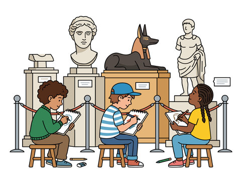 Children sketching ancient sculptures in museum gallery learning art history concept of education and creativity
