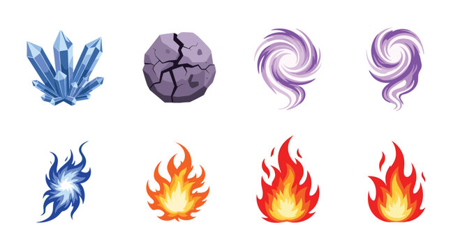 Set of pixel art game icons including a crystal, cracked rock, magical swirls, and various colorful fire elements.