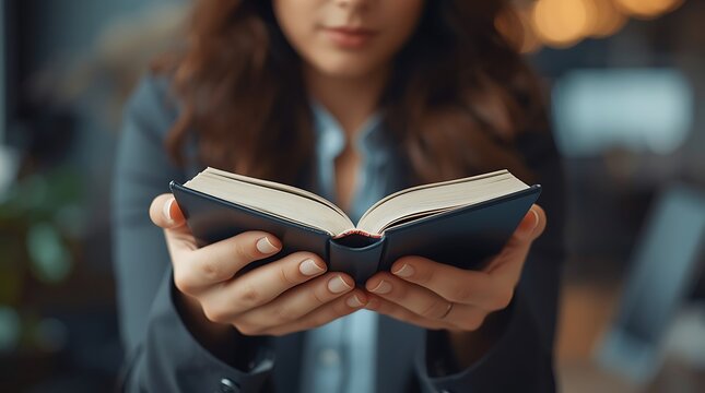Woman Holding Open Book, Reading and Studying Indoors.
