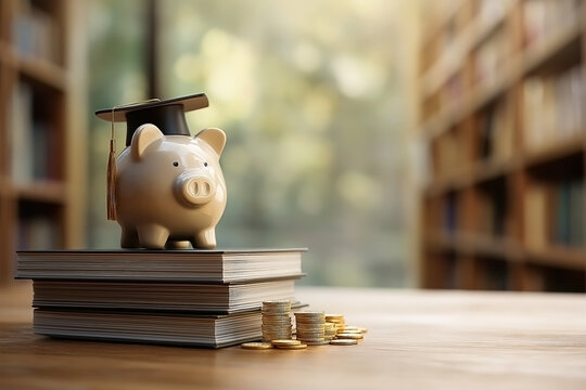 piggy bank and books for concept education and scholarships