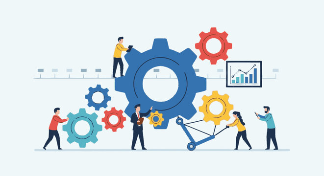 Business team working with gears and charts for process optimization