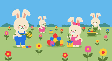 Naklejka premium Cartoon Easter bunnies decorating eggs in a sunny meadow