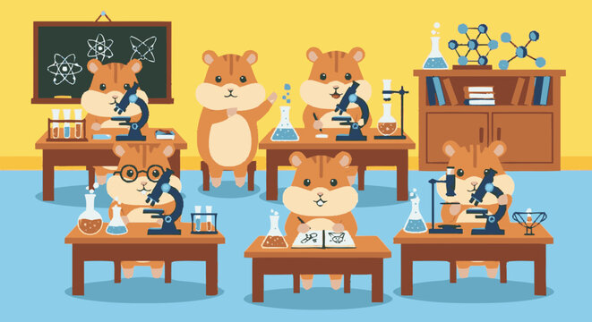 Cartoon hamsters conducting experiments in a school science laboratory
