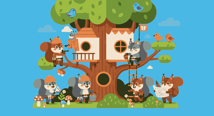 Fototapeta premium Cartoon squirrels building wooden treehouses in a large tree