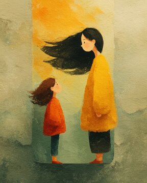 Little girl seeing strong adult woman in mirror for emotional growth and future concepts on pastel tones.