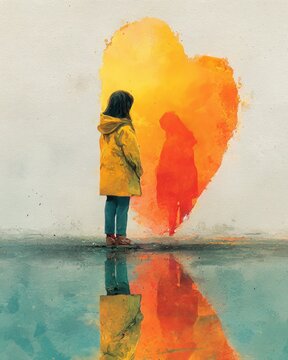 Lonely figure seeing self-hug in mirror for self-love and companionship themes on white background.