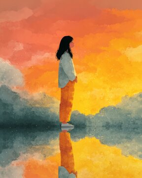Lonely figure seeing self-hug in mirror for self-love and companionship themes on white background.