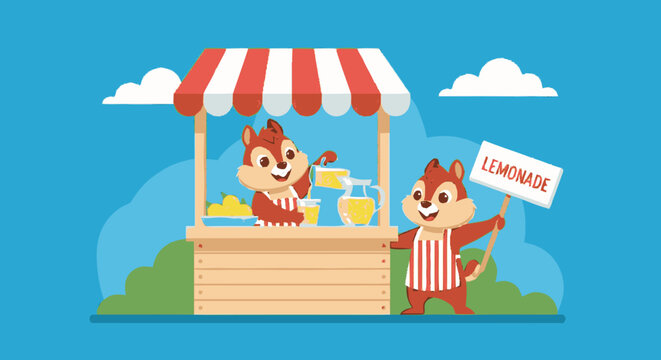 Chipmunk characters running a lemonade stand on a sunny day
