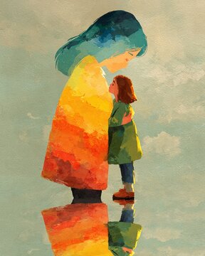 Lonely figure seeing self-hug in mirror for self-love and companionship themes on white background.