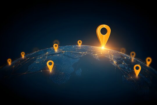 Global Location Markers on a Digital Wireframe Globe Representing Worldwide Connectivity and Data Networks