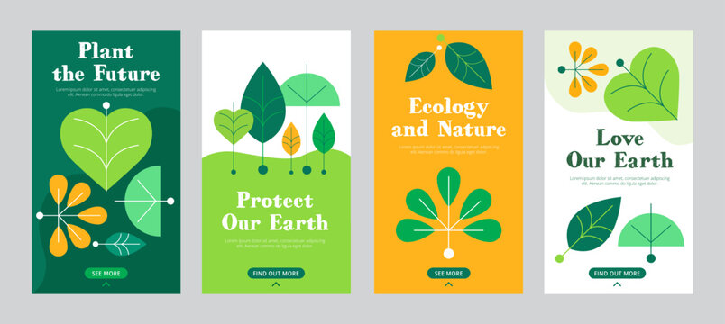 Simple flat abstract green ecology design concept. Green environment social media template set. Recycle vector illustration.