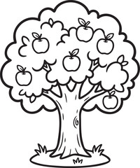 A black and white illustration of a tree with apples on it © fawzy