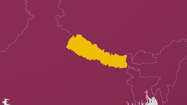 Nepal map. Animated zoom into the country on the Globe in Pale Mint Dark Pink color palette. Country logo animation with round text and airplanes. Map with meridians, parallels. Authentic video.